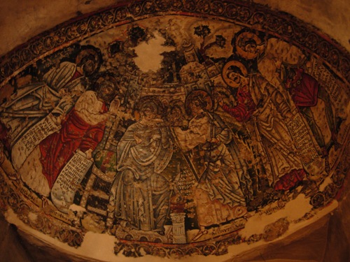 Fresco painting of the Annunciation, VIII-IX cent.; Church of the Virgin Mary, Coptic Hortodox Monastery of Deir el-Suriani, Wadi Natrun (Egypt)