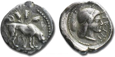 Didrachme provenant de Ségeste, env. 475/70-455/50 av. J.-C., avec la légende: Σεγεσταζιβ