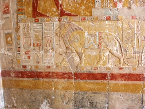 Reliefs and painted hieroglyphs, 18th dynasty, reign of Hatshepsut; Theban West Bank, Deir el-Bahri, Mortuary temple of Hatshepsut