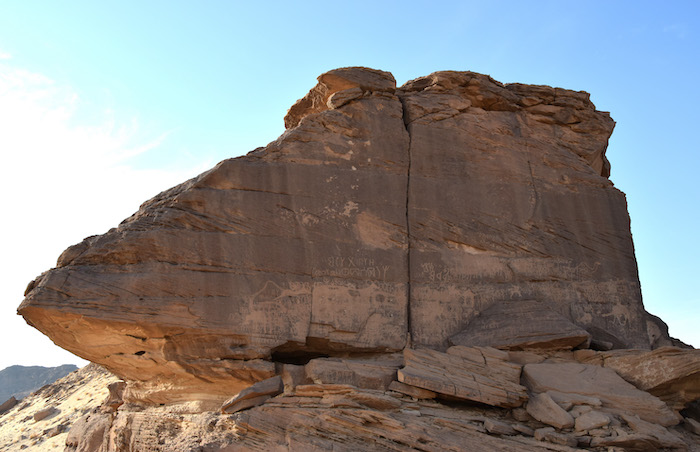 Graffiti en himaïtique thamoudique gravé sur l’éperon rocheux de ʿĀn Jamal, près de Ḥimā, au nord de Najrān (Arabie Saoudite). Le mur présente de nombreux chevauchements et interventions, et il est difficile de comprendre la chronologie relative entre les textes et les dessins.