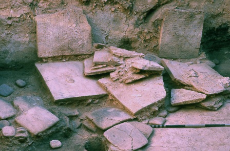 Detail of tablets in place in the Great Archive L.2769 of the Ebla Royal Palace G, 24th cent. BC 