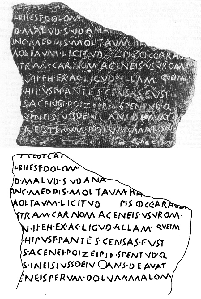 Tabula Bantina (partie osque – fragment Adamesteanu – début du Ier siècle av. J.-C.) -  Alphabet à base grecque