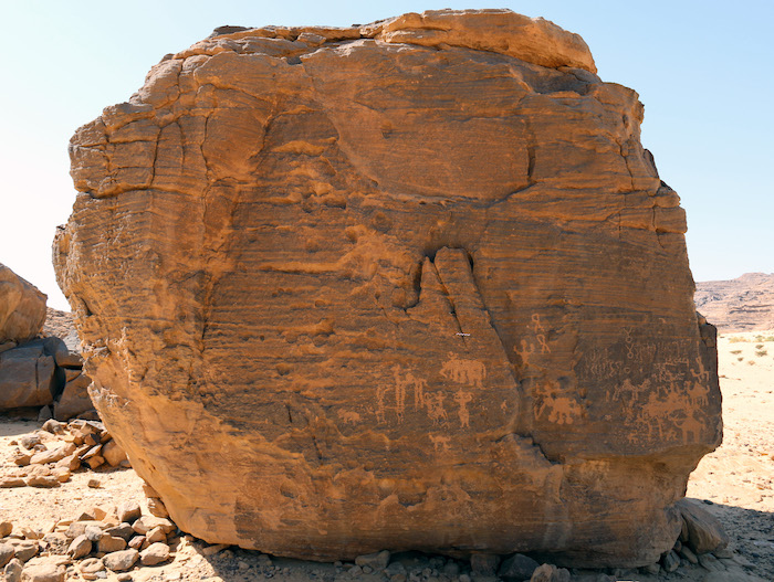 Graffiti in Ancient South Arabian script engraved on a rock near Ḥimā, north of Najrān (Saudi Arabia). The texts are accompanied by drawings of camels and, exceptionally, of two elephants.