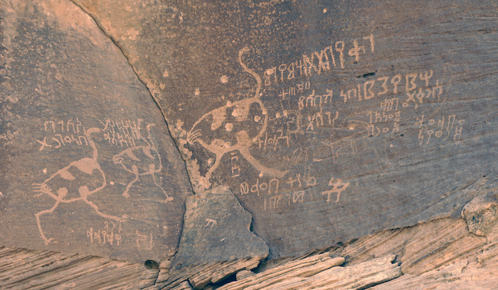 Graffiti en écriture sudarabique gravés sur un rocher près de Ḥimā, au nord de Najrān (Arabie saoudite). Les textes sont accompagnés de dessins d’autruches. 