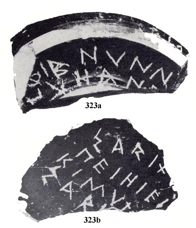 Graffiti sur vase provenant de Grotta Vanella (Ségeste), IAS n. 323.a et 323.b