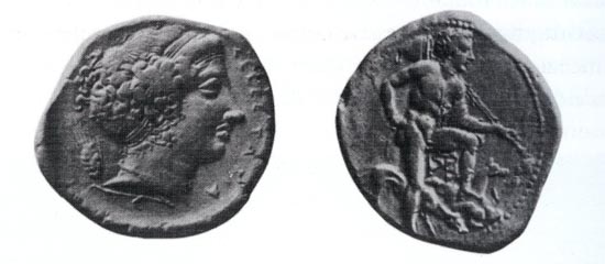 Tétradrachme provenant de Ségeste, avec la légende Σεγεσταζια