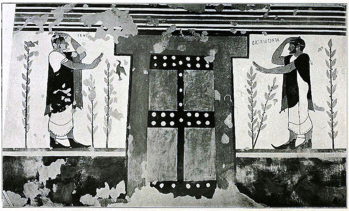 Tarquinies (Tarquinia), Tombe des Augures : légendes peintes à côté des figures sur le mur du fond dans la chambre funéraire. Fin du VIe siècle av. J.-C. 